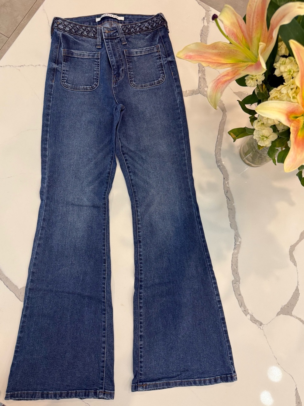Celebrity Pink Dark Blue Flare Jeans with Braided Waistband